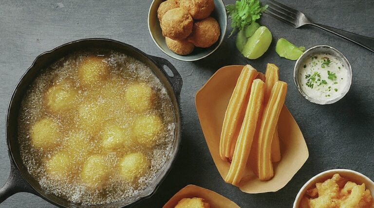 A close-up photo of a cast iron pot overflowing with golden fried food, with steam rising and bubbles forming on the surface. Plates filled with international deep-fried dishes like falafel, tempura, and churros surround the pot.